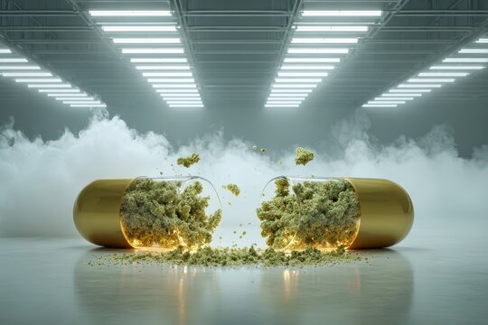 A broken golden capsule releasing glowing herbal contents in a sterile laboratory.