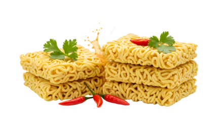 Stacks of instant ramen noodles with chili peppers and parsley on white background, perfect for cooking and food content
