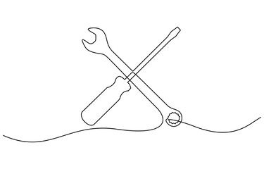 Continuous one line drawing of Screwdriver and wrench engineer equipment. EPS 10