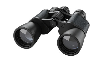 Black textured binoculars sit with transparent background. Use for product presentations, posters, and digital designs.