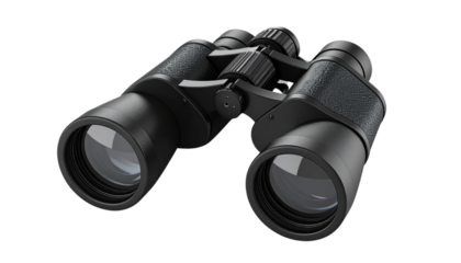 Black textured binoculars sit with transparent background. Use for product presentations, posters, and digital designs.