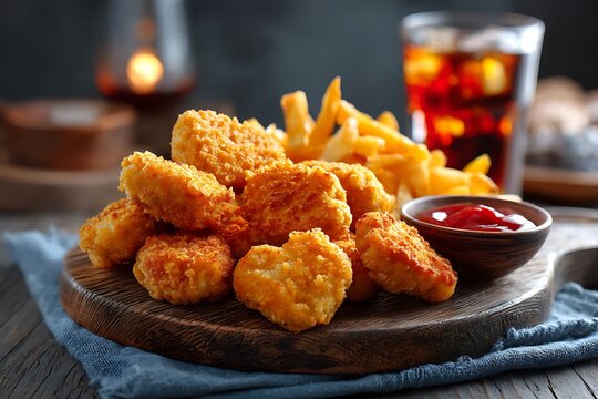 Delicious chicken nuggets and French fries served with a soft drink on a rustic table setting, captured in a close-up food photography style.