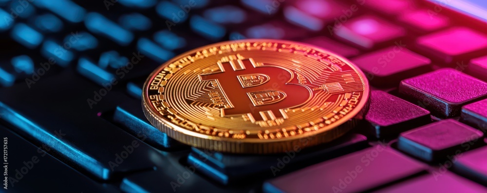 Poster a close-up of a bitcoin placed on a keyboard, representing the intersection of cryptocurrency and te