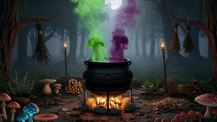 Spooky Halloween scene with a witch's cauldron brewing a magic potion. Green and purple smoke rises in a dark, enchanted forest at night. Animated fantasy background. - Powered by Adobe