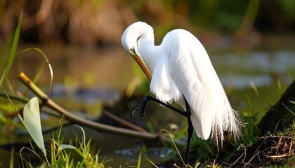 Egrets preening by water