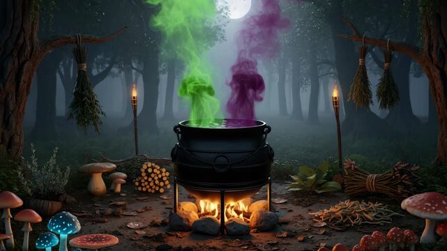 Spooky Halloween scene with a witch's cauldron brewing a magic potion. Green and purple smoke rises in a dark, enchanted forest at night. Animated fantasy background.