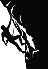 Silhouette Vector of Rock Climber Hanging on Cliff with Rope in Extreme Outdoor Adventure Scene