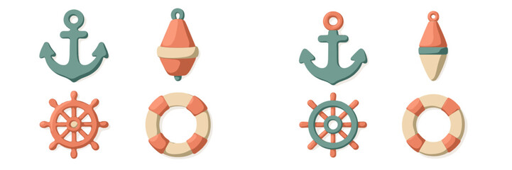 Fototapeta premium Colorful sea-themed decorations arranged on a white background with anchors, buoys, and lifebuoys