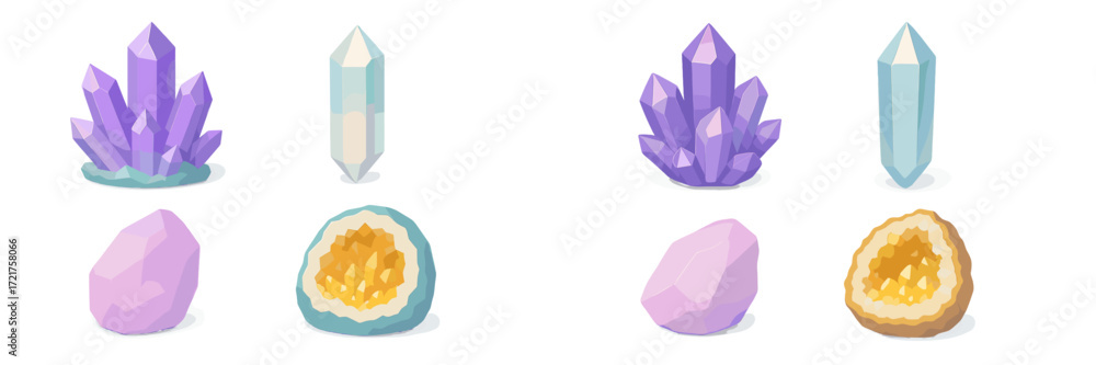 Poster colorful crystal and gem collection in various shapes and sizes on white background