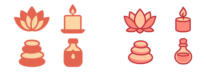 Simple and calming wellness icons featuring lotus flowers, candles, stones, and essential oils arranged in a pleasing layout