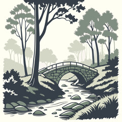Idyllic stone arch bridge spanning a gentle stream through a lush forest landscape