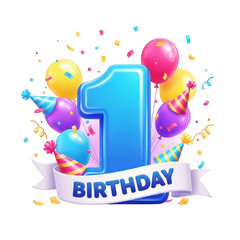 Festive First Birthday Celebration Design Featuring a Large Blue Number One Surrounded by Colorful Balloons, Confetti, and Party Hats, Perfect for Invitations and Decorations