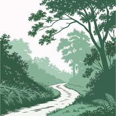 Serene winding forest path leading through lush green trees and foliage under a bright sky