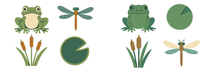 Colorful frog and dragonfly illustrations among pond plants create a lively aquatic scene