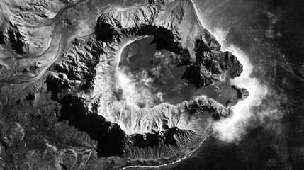 Obraz premium geothermal. Black-and-white satellite image of a newborn island glowing with geothermal energy in glacial waters. ESG reports.