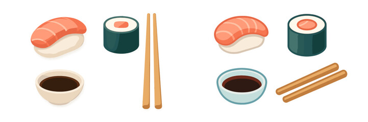 Various sushi types with soy sauce and chopsticks arranged neatly on a light background