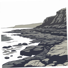 Stylized illustration of a rocky coastline with calm water and distant hills under a white sky