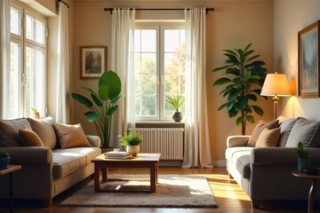 Fototapeta premium Cozy living room scene in a senior's home, featuring comfortable furniture, soft lighting, and homey decor Perfect for themes of retirement, aging gracefully, and comfortable living , room, health