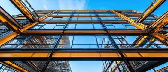 Modern building construction steel structure and glass facade