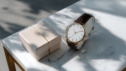 Naklejka premium Elegant wristwatch in a gift box on marble