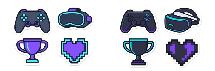 Colorful gaming icons illustrating video game elements and virtual reality technology in a playful design