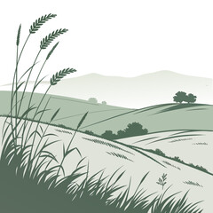 Stylized illustration of rolling green hills and fields with tall grasses in the foreground under a pale sky