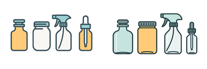 Different types of bottles and jars arranged side by side with various designs and sizes, showcasing storage options