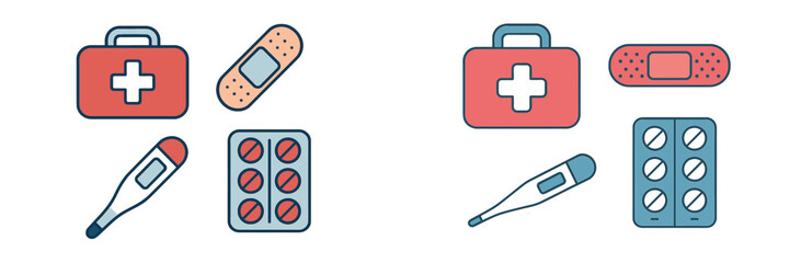 First aid supplies and medical tools arranged in two separate groups on a flat surface