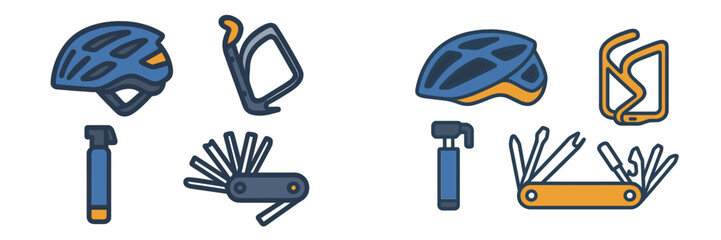 Bicycle gear assembly with helmets, multi-tools, and water bottle holders on display for outdoor enthusiasts