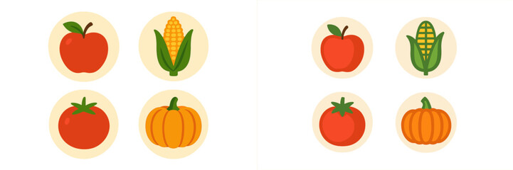 Colorful illustration of fruits and vegetables featuring apples, corn, tomatoes, and pumpkins arranged in circular icons