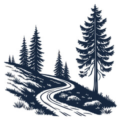 Fototapeta premium Winding dirt road through a grassy hillside lined with tall pine trees in silhouette