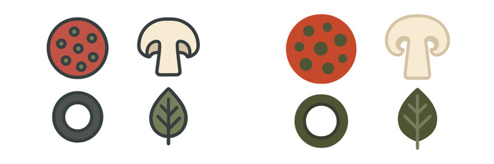 Fototapeta premium Unique and colorful food illustrations featuring pizza toppings, mushrooms, vegetables, and herbs in a simple design style