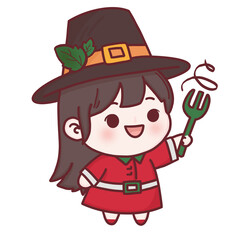 Cute Chibi Girl in Festive Christmas Autumn Hat Holding Green Fork Illustration