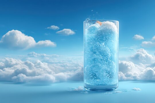Refreshing blue fizzy drink with frothy cloud foam against serene blue sky.