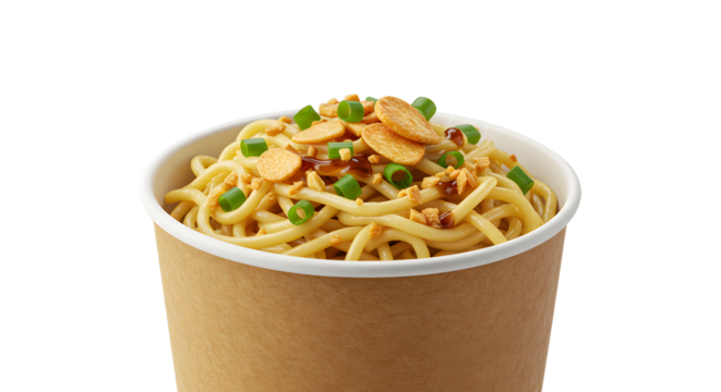 Takeout Asian noodles with garnish in a brown paper container isolated on white background, perfect for food delivery or restaurant menus - Powered by Adobe