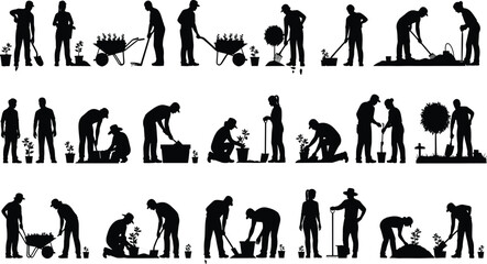 Gardening people silhouette vector illustration showing various activities with tools, planting, watering, digging, raking, wheelbarrow, outdoor work, horticulture design