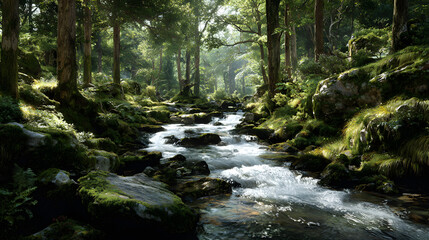 Obraz premium Tranquil Symphony of Natur: The Serene and Soothing ounds of Babbling Forest Sreams Amidst Lush Greenery Offering a Retreat into Nture's Bliss
