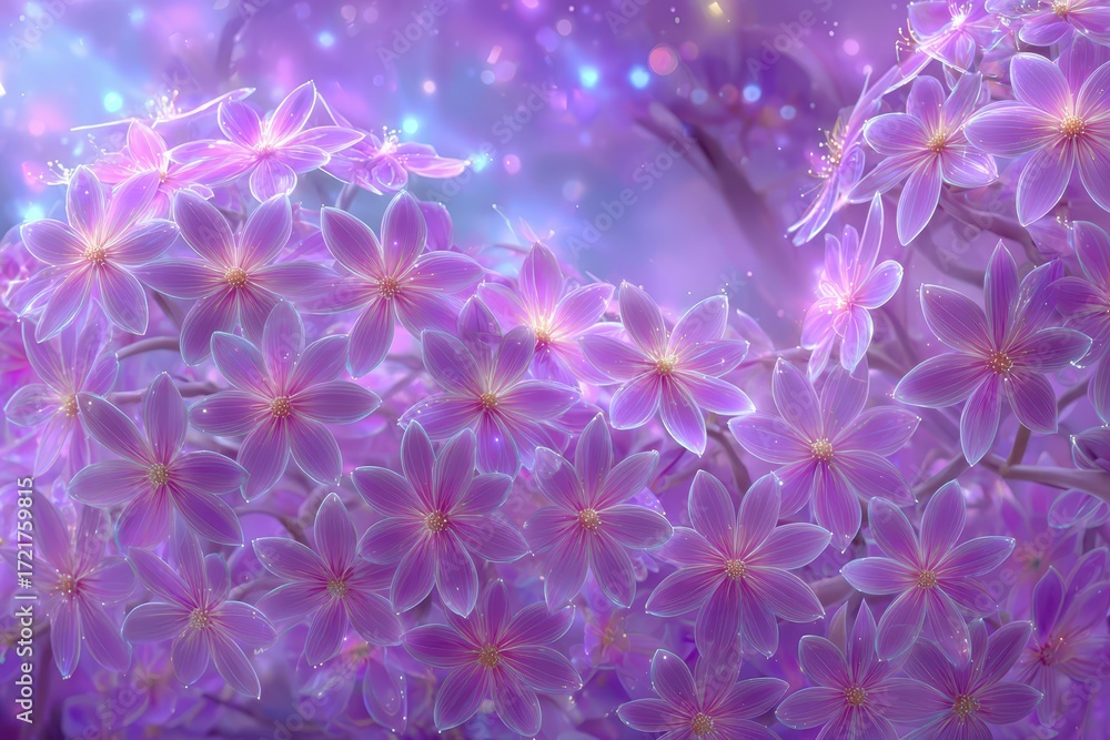 Poster an ethereal display of luminous purple flowers, bathed in soft light, creating a dreamlike and encha