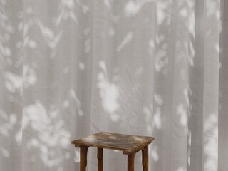 Empty Wooden chair with Natural Light and Shadow on Fabric Curtain Background 1