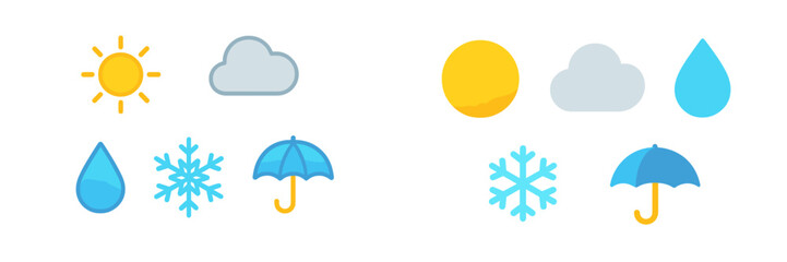 Weather symbols representing sun, clouds, rain, snow, and umbrellas in a simple design for educational purposes