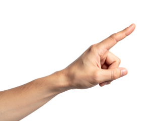 Close-up of a light-skinned hand outstretched, pointing directly forward and slightly upward