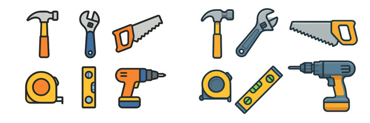 Essential tools for DIY projects displayed in a colorful arrangement on a white background