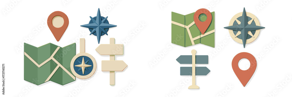 Poster navigation icons and map symbols for digital design in various shapes and colors