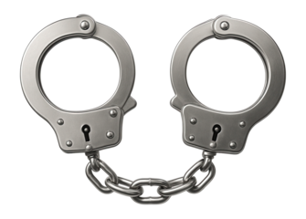 Metal handcuffs with chain and locked cuffs.