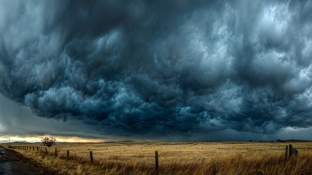 Brooding Supercell Over Golden Prairie Fenceline
