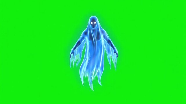 A translucent blue ghost figure floats against a vibrant green screen.
