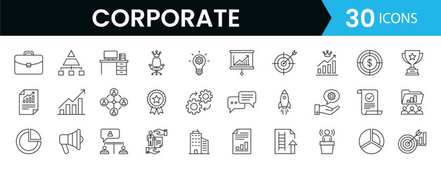 Minimal Corporate Business Line Icons Collection for Office, Finance, Marketing, Startup, Growth, and Strategy Presentation Design Vector Elements