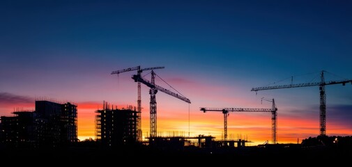 The construction cranes silhouetted against a vibrant sunset over urban building site