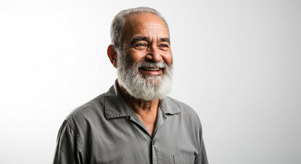 Fototapeta premium A joyful portrait of an elderly man with a gray beard, looking to the side with a warm smile on his face