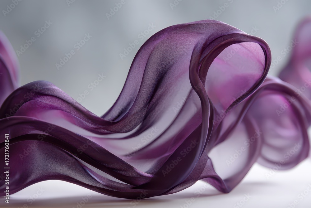 Poster an elegant and flowing abstract arrangement of sheer purple fabric, creating soft, sculptural forms 